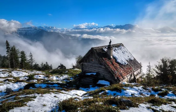 The sky, clouds, snow, mountains, spring, slope, house