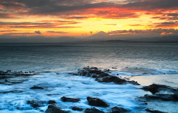 Sea, wave, the sky, clouds, landscape, sunset, mountains, stones