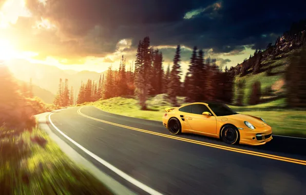 Picture the sun, mountains, yellow, 911, Porsche, Porsche, yellow, Turbo