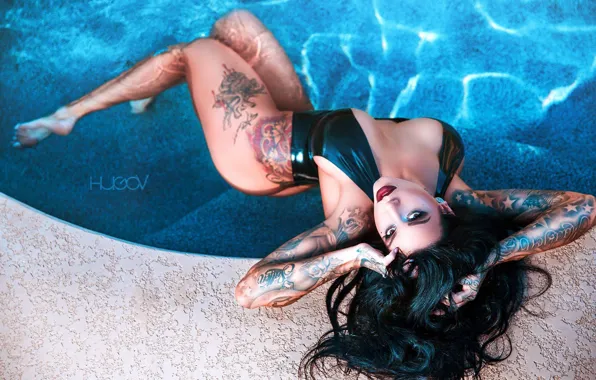 Swimsuit, girl, style, pool, makeup, brunette, tattoo, latex