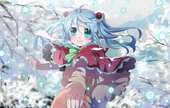 Picture cold, winter, girl, snow, branch, hand, art, Hatsune Miku
