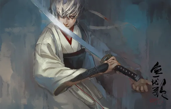 Picture sword, samurai, Gintama, gin-San, silver hair