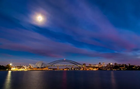 Picture the sky, clouds, night, bridge, lights, the moon, the evening, theatre