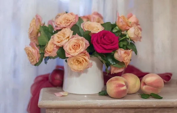 Flowers, roses, bouquet, fruit, peaches, composition