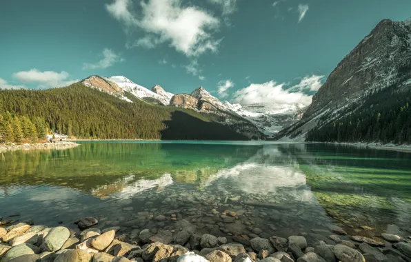 Forest, the sky, clouds, snow, mountains, pebbles, lake, reflection