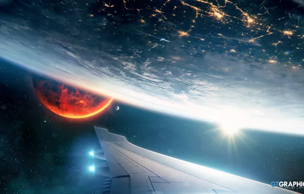 Space, lights, planet, stars, wing, Homecoming