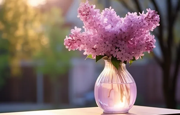 Picture flowers, bouquet, spring, vase, lilac, AI art, neural network