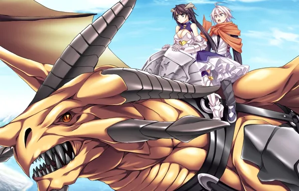 Picture flight, dragon, girl, guy, game cg, maou to odore! code: arcana