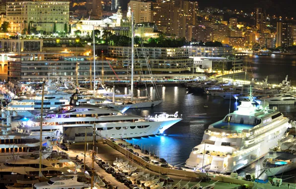 City, home, yachts, the evening, port, Monaco, night, Monaco