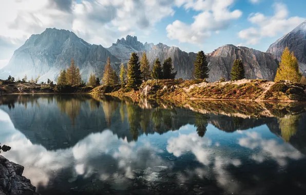 Grass, sky, trees, landscape, nature, water, mountains, clouds