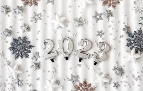 Snowflakes, figures, white background, New year, date, 2023, New Year 2023