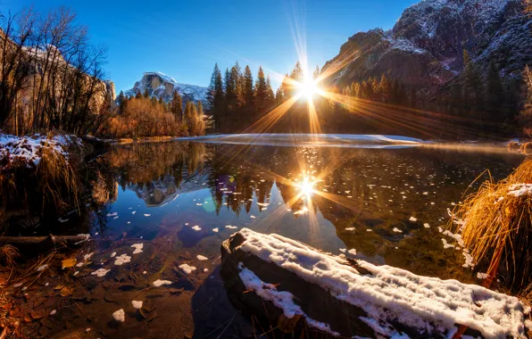 Picture forest, water, snow, mountains, reflection, CA, USA, the rays of the sun