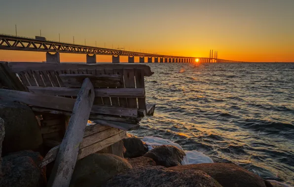 Sunset, bridge, Sweden, Bunkeflostrand, Skane