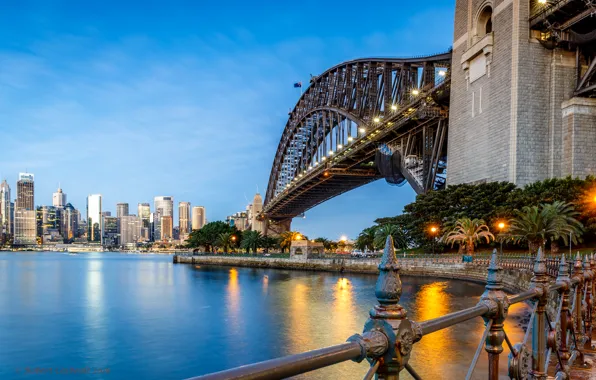 Home, The evening, Bridge, The city, River, Australia, Lights, Sydney