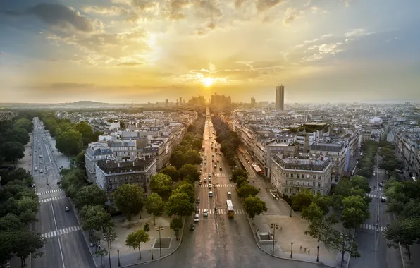 Sunset, the city, street, Paris, building, Paris, France