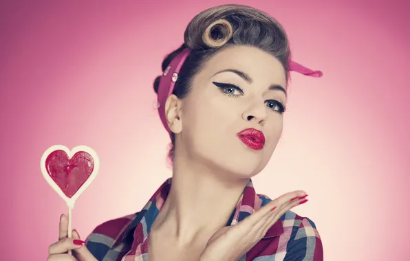 Look, girl, retro, hearts, lollipops, headband, shirt, brown hair