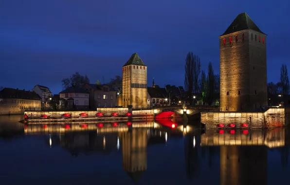 Night, bridge, lights, river, France, tower, home, channel