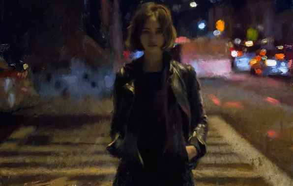 Picture road, girl, night, the city, street, jacket, hairstyle, Noir