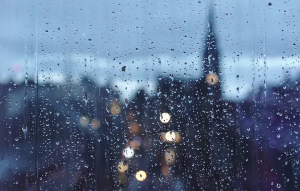 Picture glass, drops, cityscape, raining