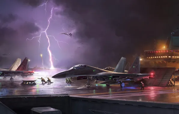 Aircraft, Lightning, Clouds, China, Art, Fighters, The carrier, Fujian