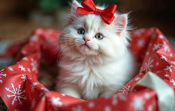 Cat, white, look, pose, kitty, box, fluffy, pussy