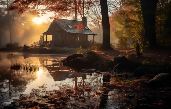 Autumn, forest, the sun, light, trees, fog, house, Park