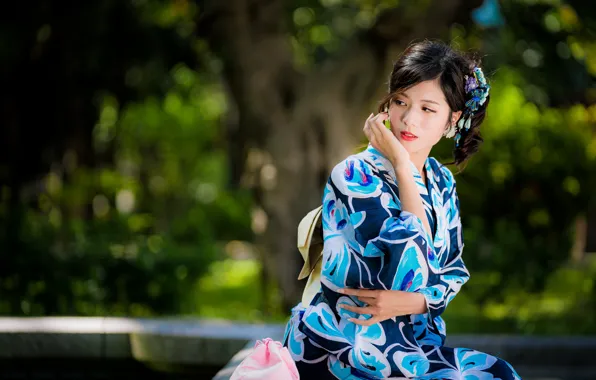 Picture girl, kimono, Asian, bokeh