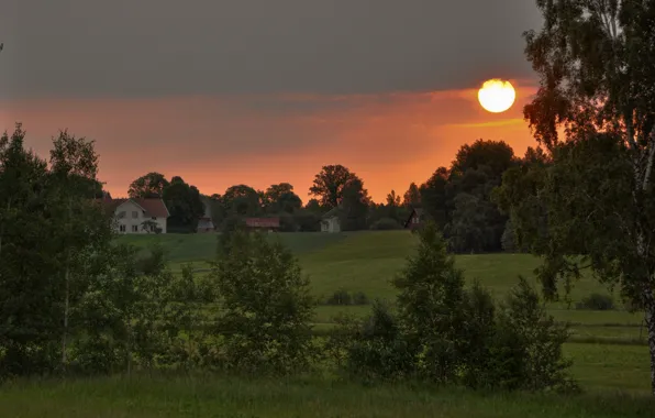 Picture Nature, Home, Sunrise, Village, Field, Sweden, Sweden, Sunrise