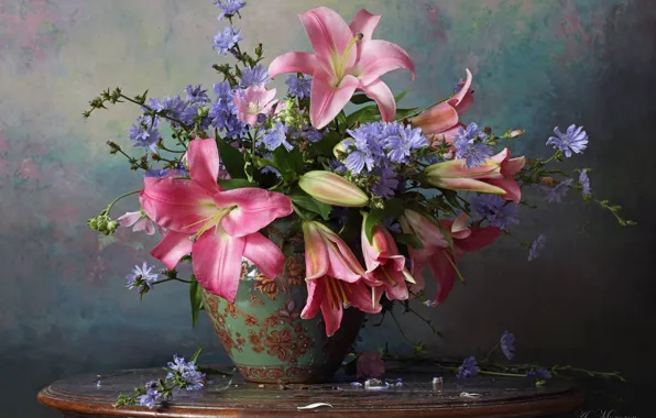 Background, Lily, bouquet, vase, chicory, Andrey Morozov