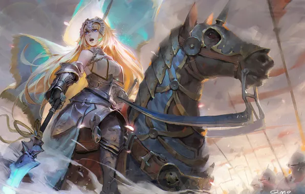 Girl, weapons, horse, armor, spear, anime, art, Joan of arc