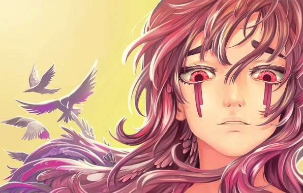 Girl, bird, feathers, red eyes, pink hair