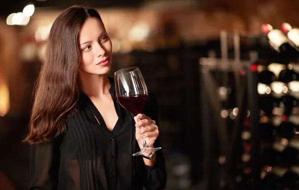 Picture girl, wine, glass, makeup, brown hair