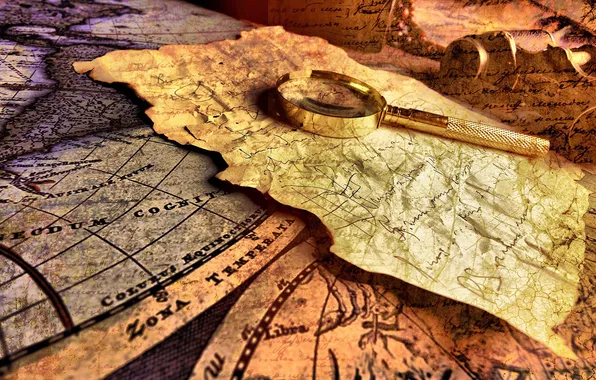 Map, paper, letters, magnifying glass