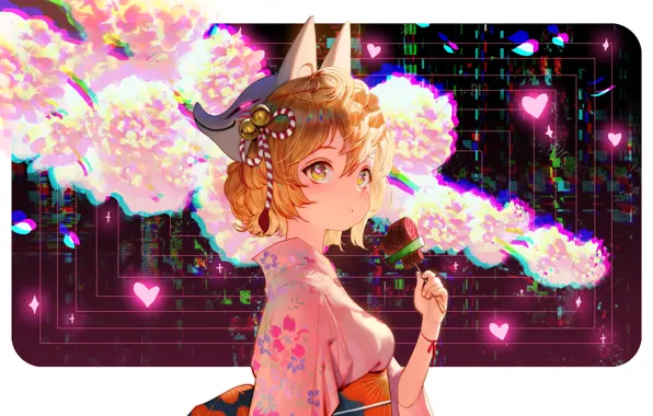 Girl, flowers, Sakura, mask, Fox