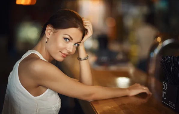 Look, girl, pose, smile, table, portrait, bar, hands