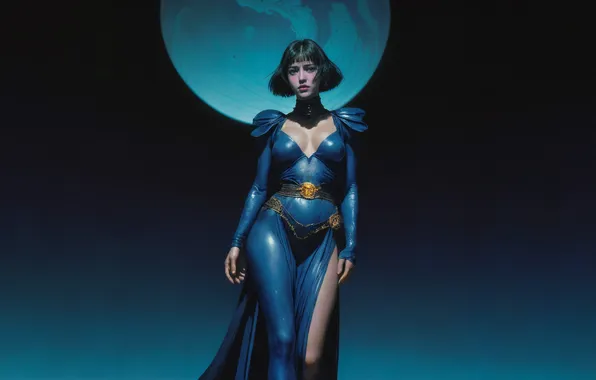 Girl, the moon, blue background