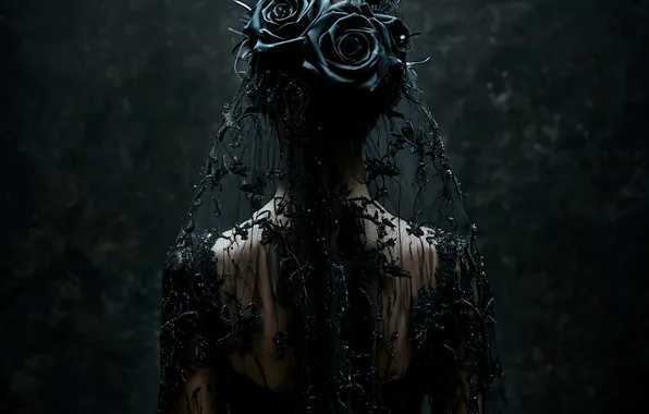 Girls, Black, Roses, The bride, Black dress, Wedding dress, Black rose