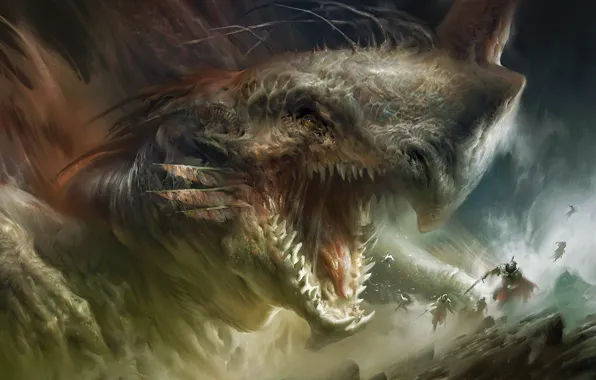 Picture fantasy, dragon, people, teeth, armor, battle, art, fangs