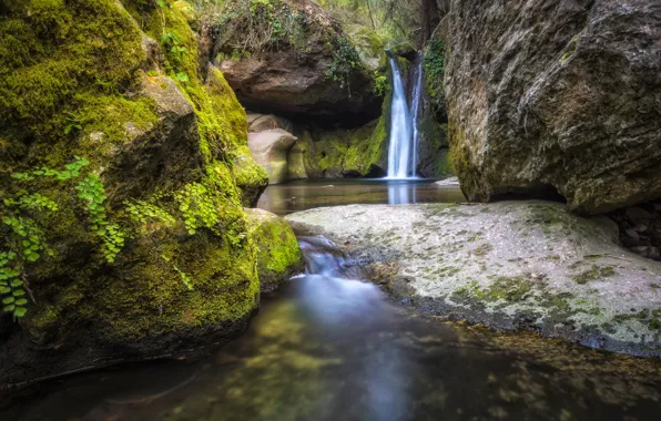 Stones, rocks, waterfall, moss, Spain, Catalonia, The Pines