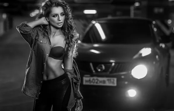 Machine, auto, girl, pose, figure, black and white, shirt, bra