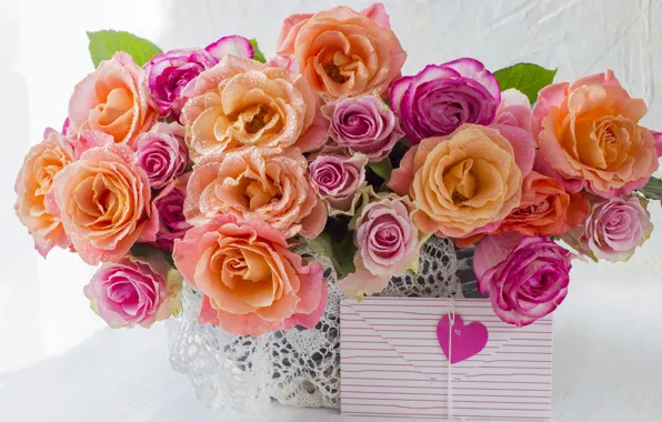 Flowers, heart, roses, colorful, heart, pink, flowers, romantic