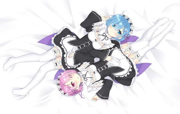 Girls, bed, anime, art, sisters, lie, Gemini, ram