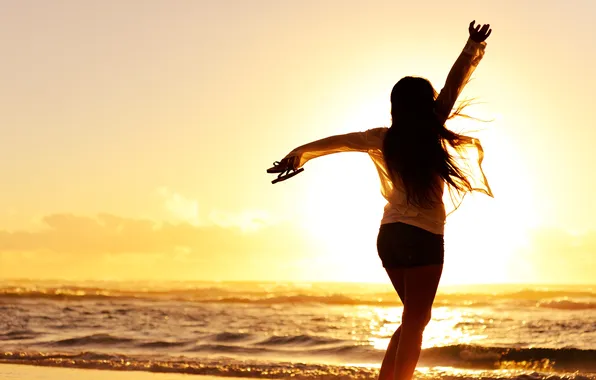 Sea, sunset, shore, coast, Girl