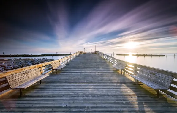 Sea, landscape, bridge, bench
