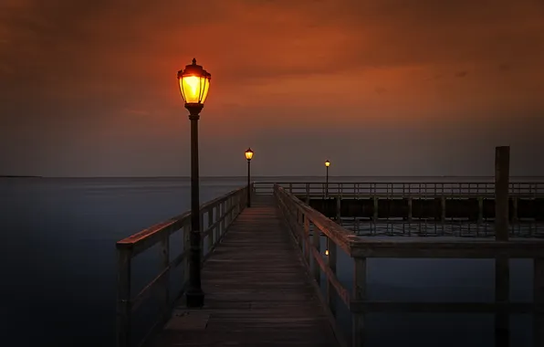 Sea, night, bridge, lamps