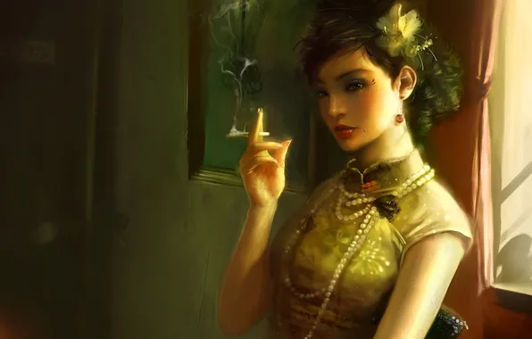 Picture style, room, smoke, window, hairstyle, cigarette, pearl, beads