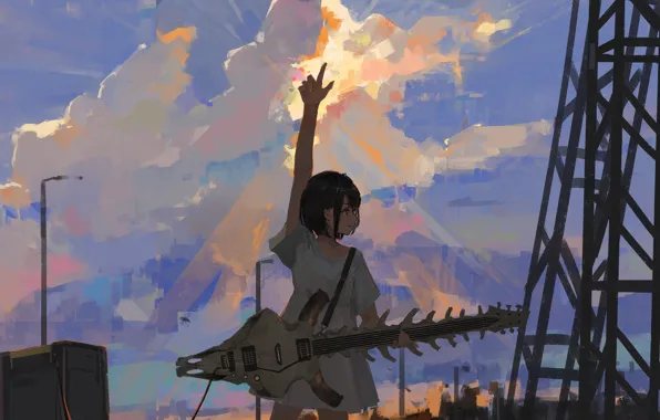 The sky, girl, guitar, skeleton, by XilmO