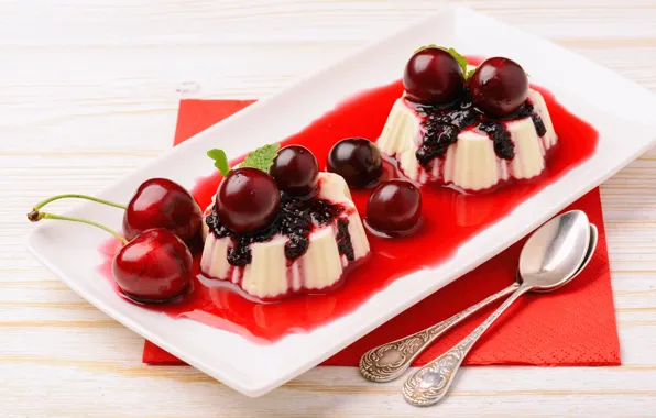 Picture cherry, berries, the sweetness, mint, dessert, sauce