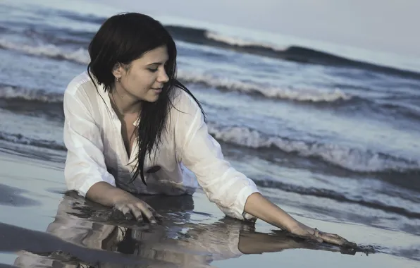 Picture sea, beach, girl, reflection, mood