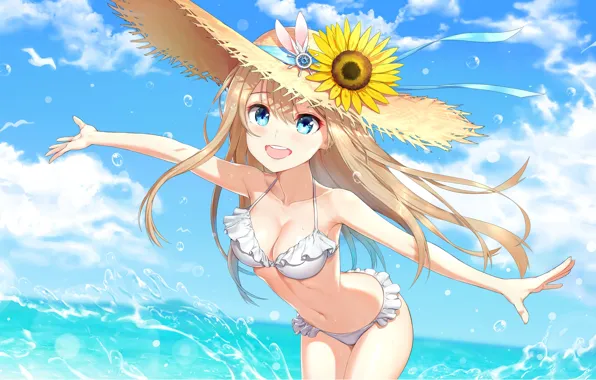 Water, Girl, Flower, Sunflower, Hat, Girls Frontline